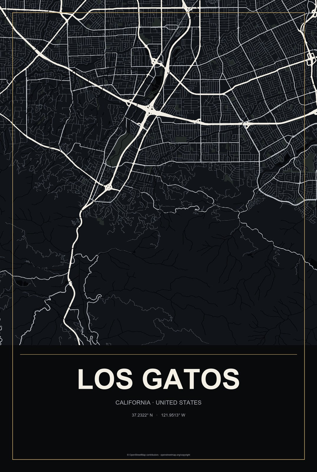 Los Gatos, California City Map Aluminum Sign in Metropolitan Noir style