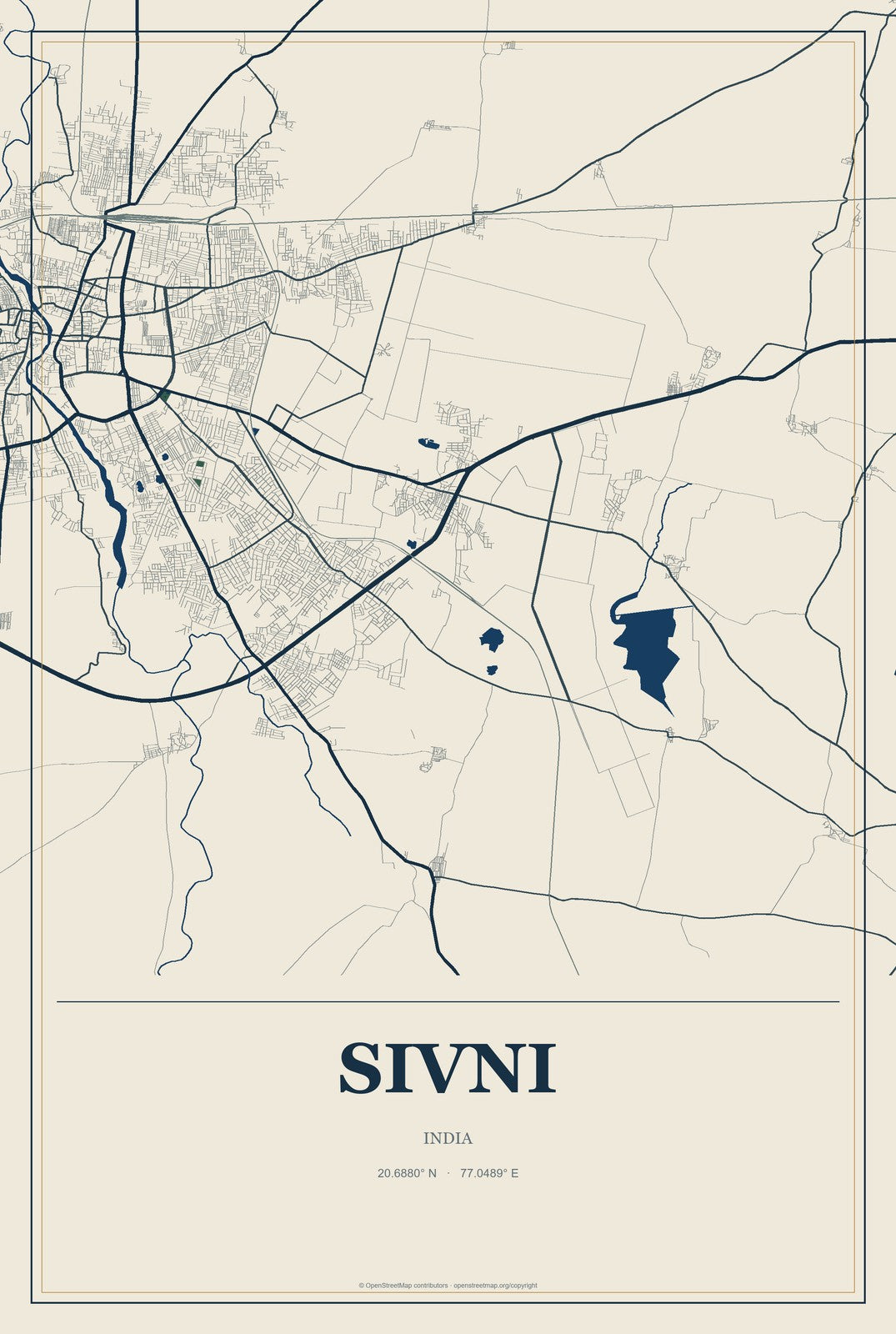 Sivni, India City Map Aluminum Sign in Coastal Cutout style