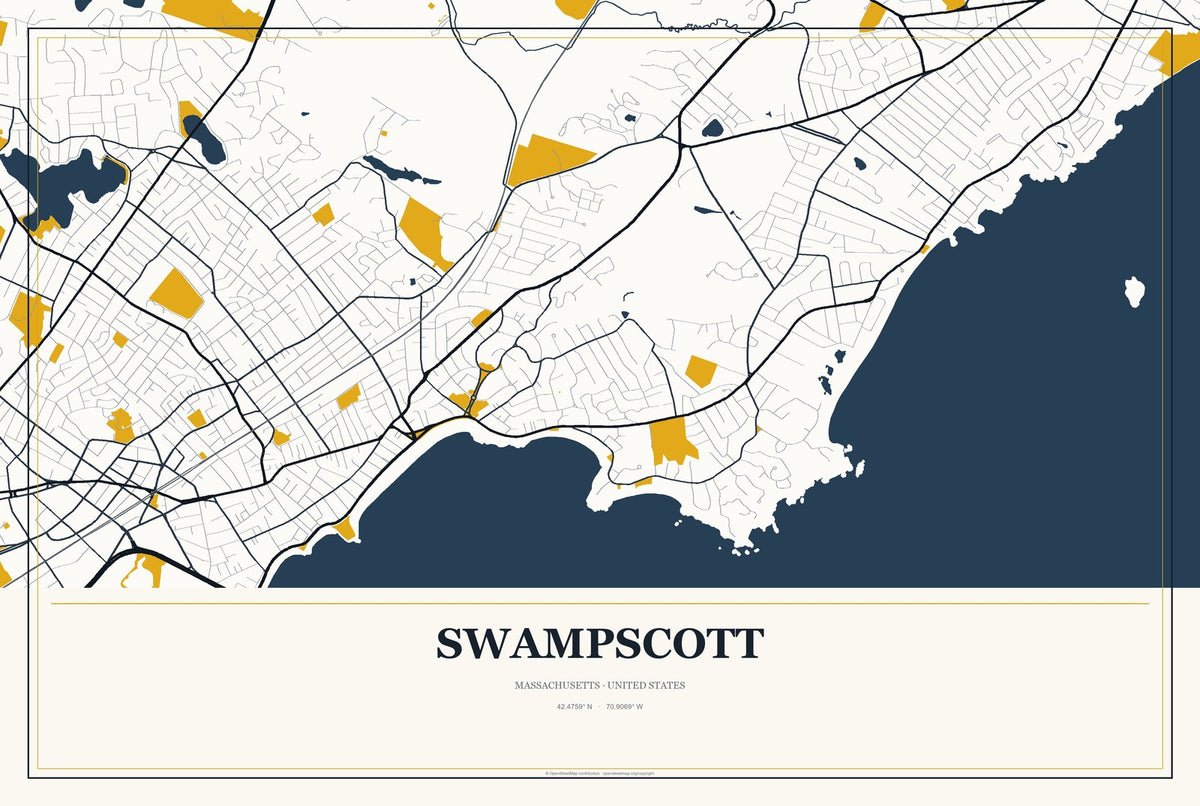Swampscott, Massachusetts City Map Aluminum Sign in Citrine Modern style