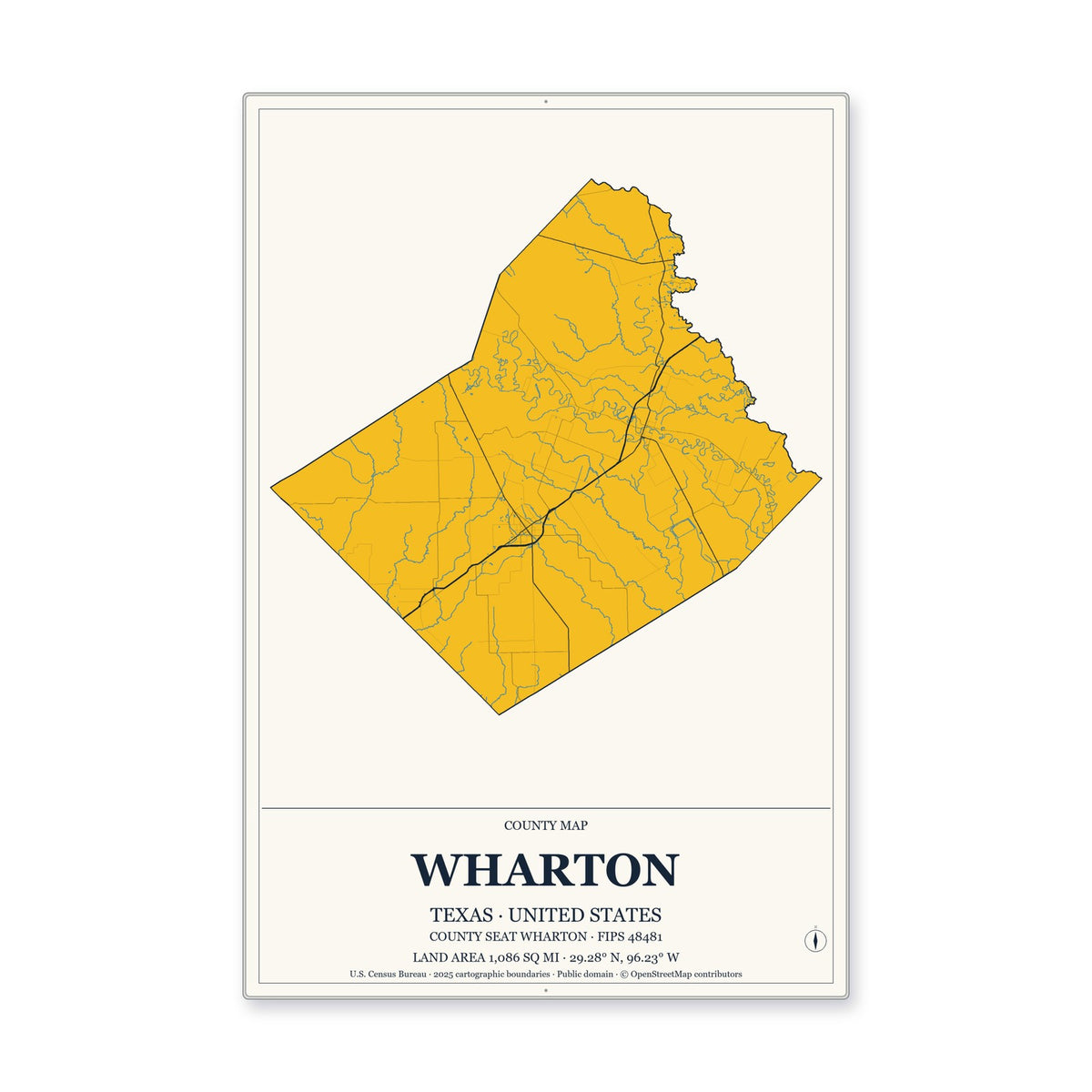 Wharton County, Texas Map Aluminum Sign in Citrine Modern style