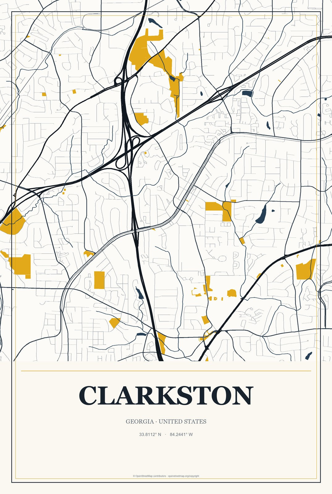 Clarkston, Georgia City Map Aluminum Sign in Citrine Modern style