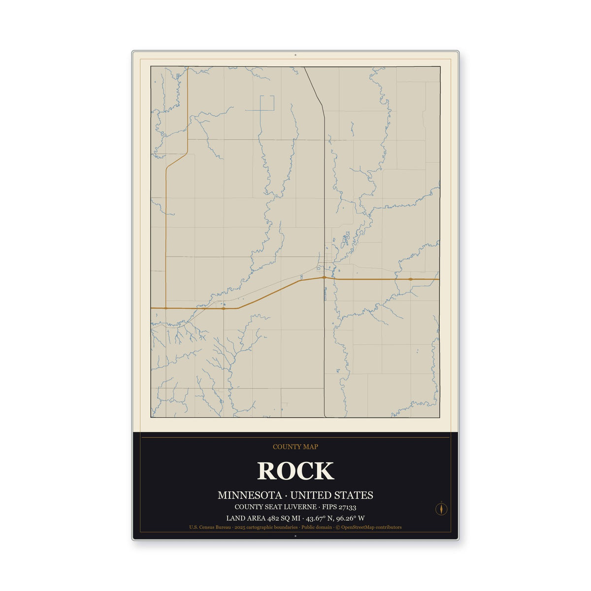 Rock County, Minnesota Map Aluminum Sign in Museum Plaque style