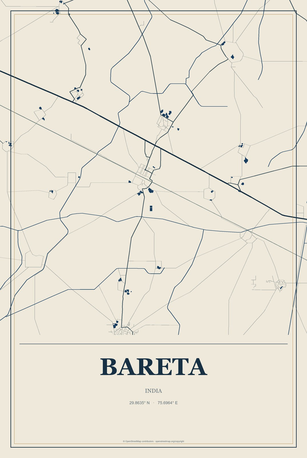 Bareta, India City Map Aluminum Sign in Coastal Cutout style
