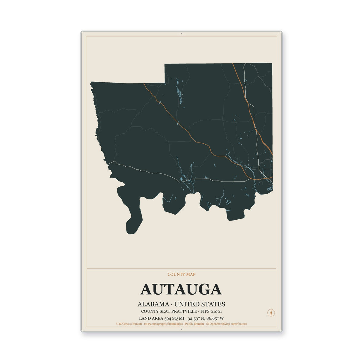 Autauga County, Alabama Map Aluminum Sign in Headline Atlas style