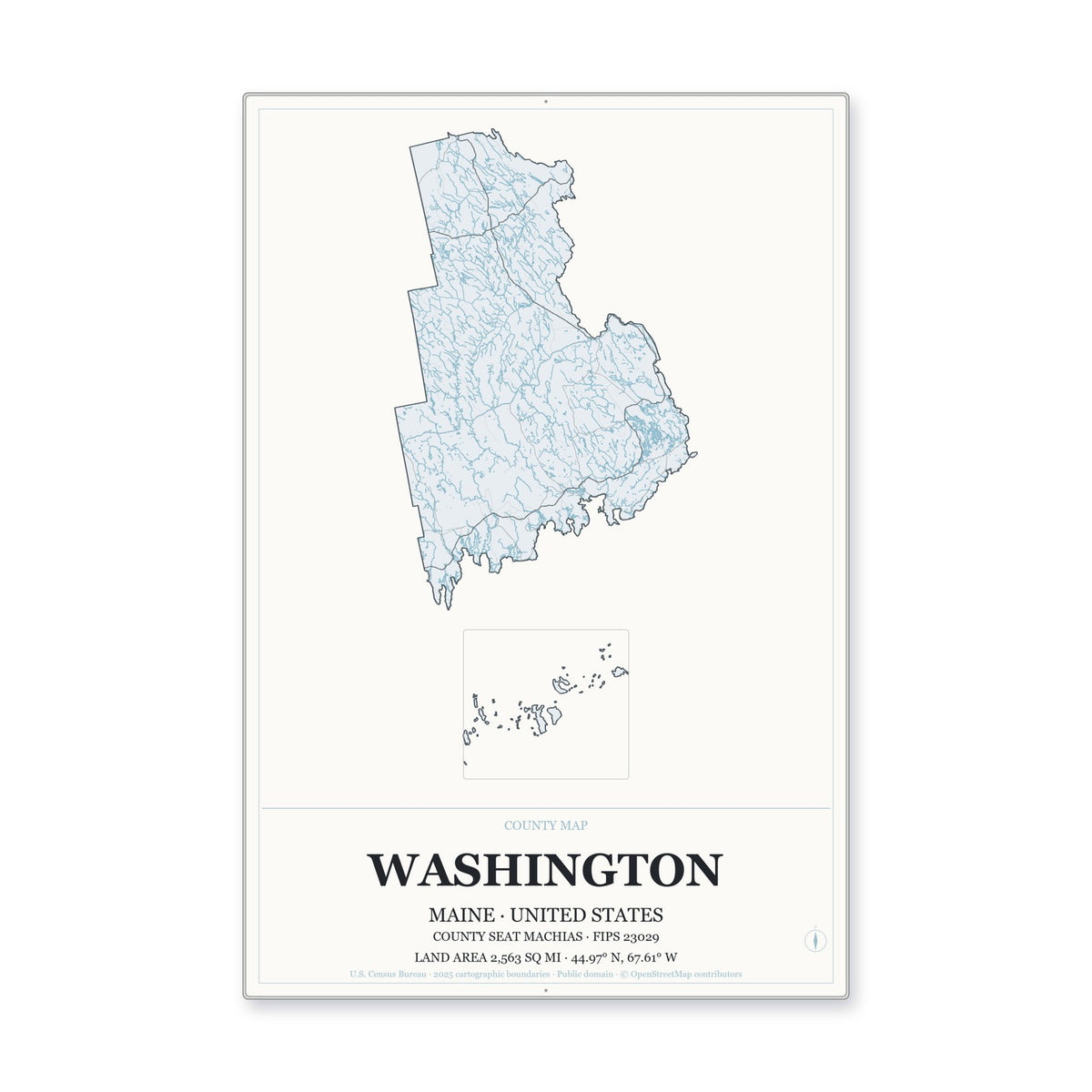 Washington County, Maine Map Aluminum Sign in Gallery Air style