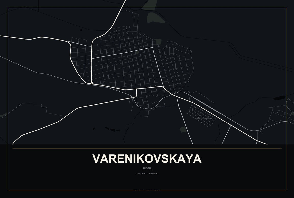 Varenikovskaya, Russia City Map Aluminum Sign in Metropolitan Noir style