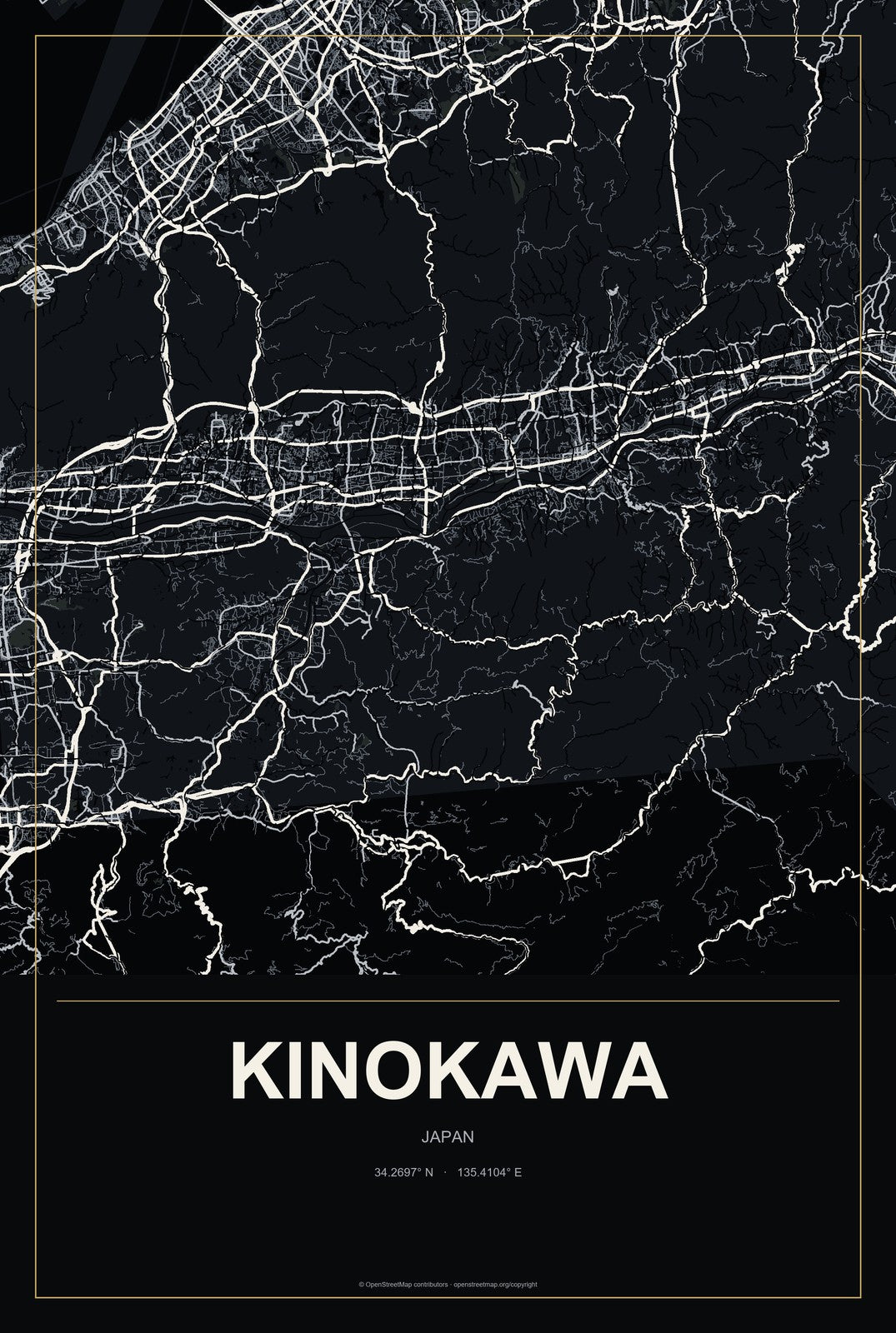 Kinokawa, Japan City Map Aluminum Sign in Metropolitan Noir style