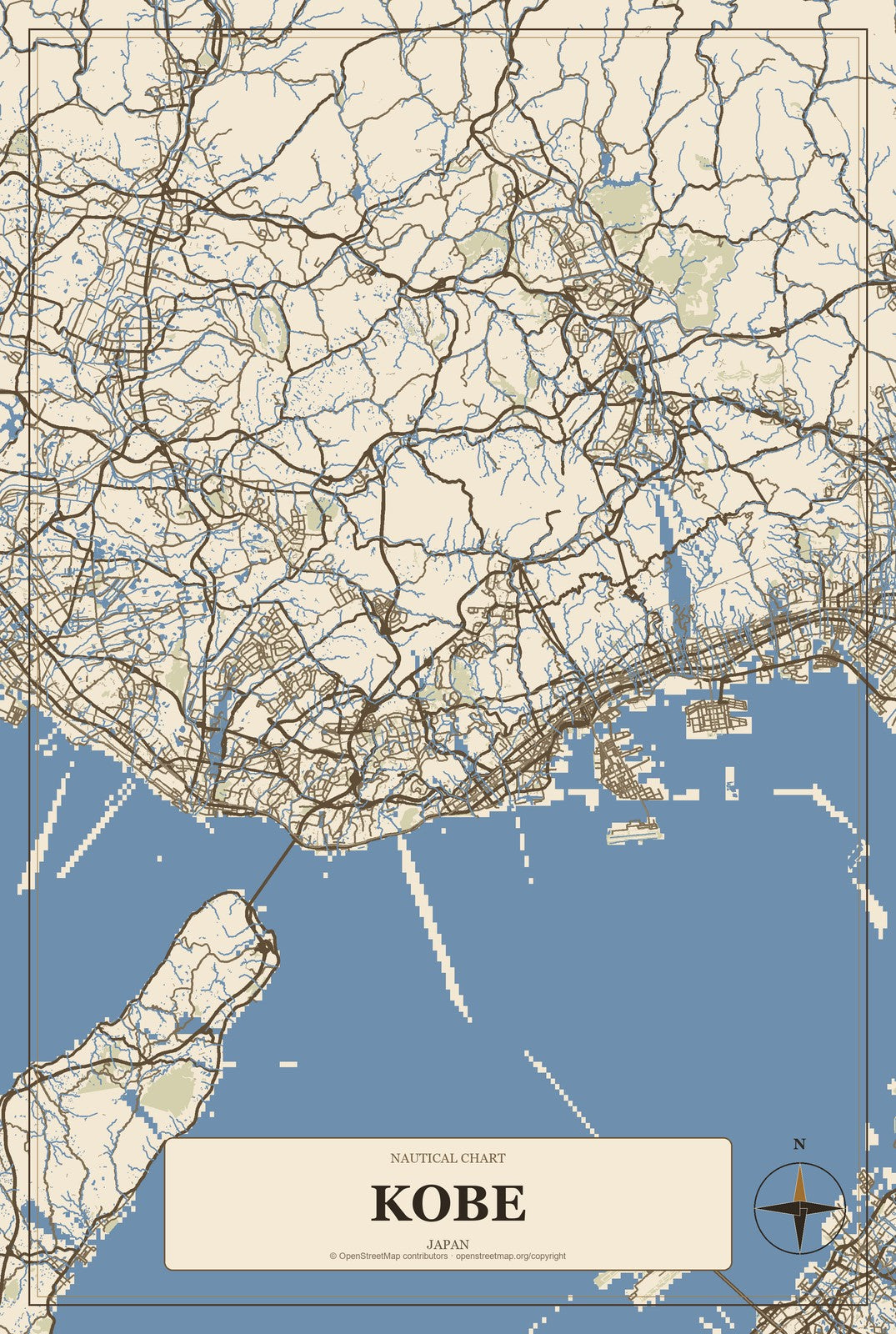 Kobe, Japan City Map Aluminum Sign in Heritage Nautical style
