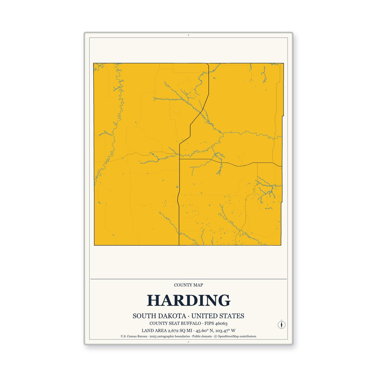 Harding County, South Dakota Map Aluminum Sign in Citrine Modern style