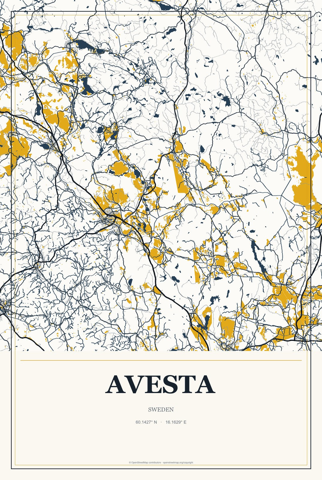Avesta, Sweden City Map Aluminum Sign in Citrine Modern style