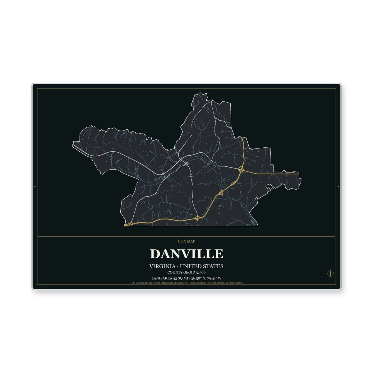 Danville city, Virginia Map Aluminum Sign in Metropolitan Noir style