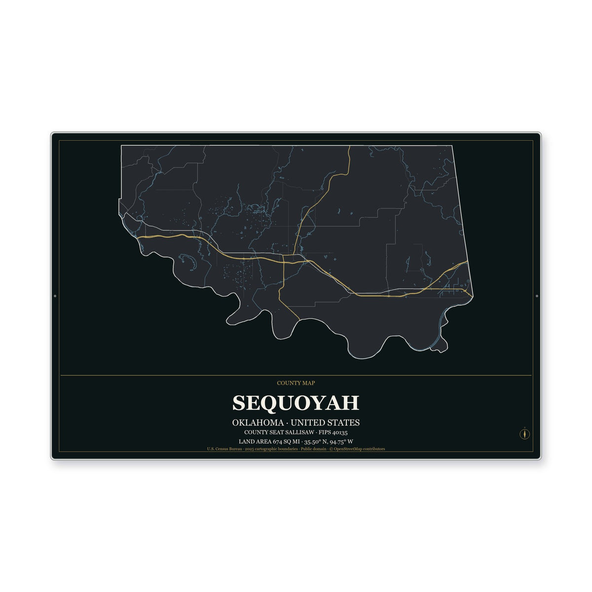 Sequoyah County, Oklahoma Map Aluminum Sign in Metropolitan Noir style