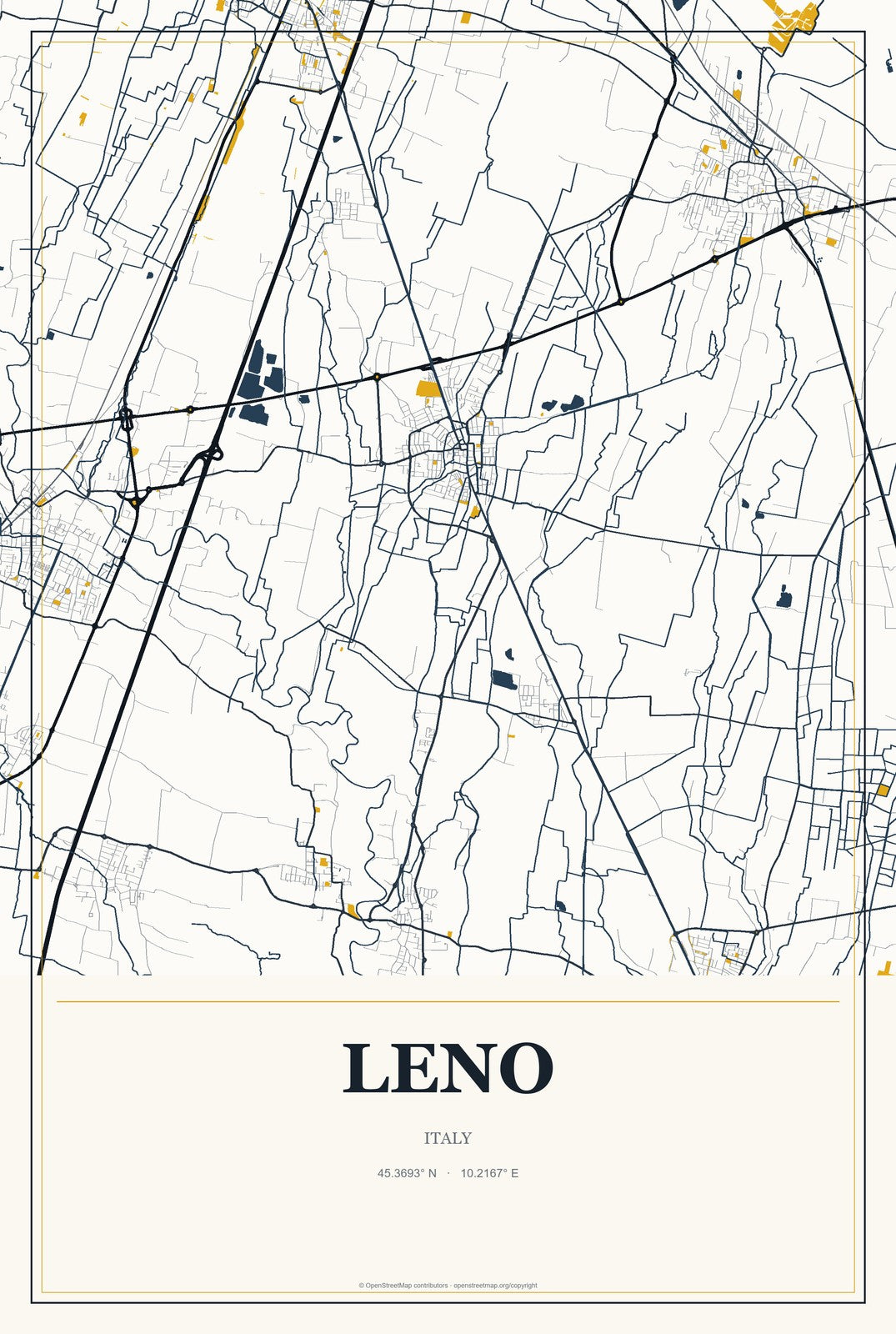 Leno, Italy City Map Aluminum Sign in Citrine Modern style