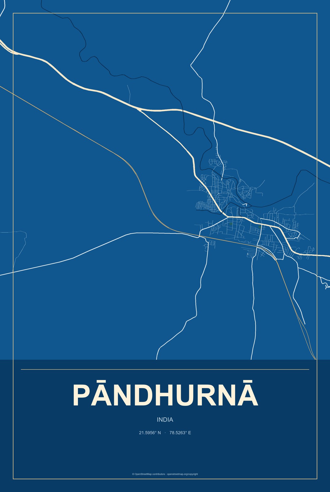 Pāndhurnā, India City Map Aluminum Sign in Harbor Cobalt style