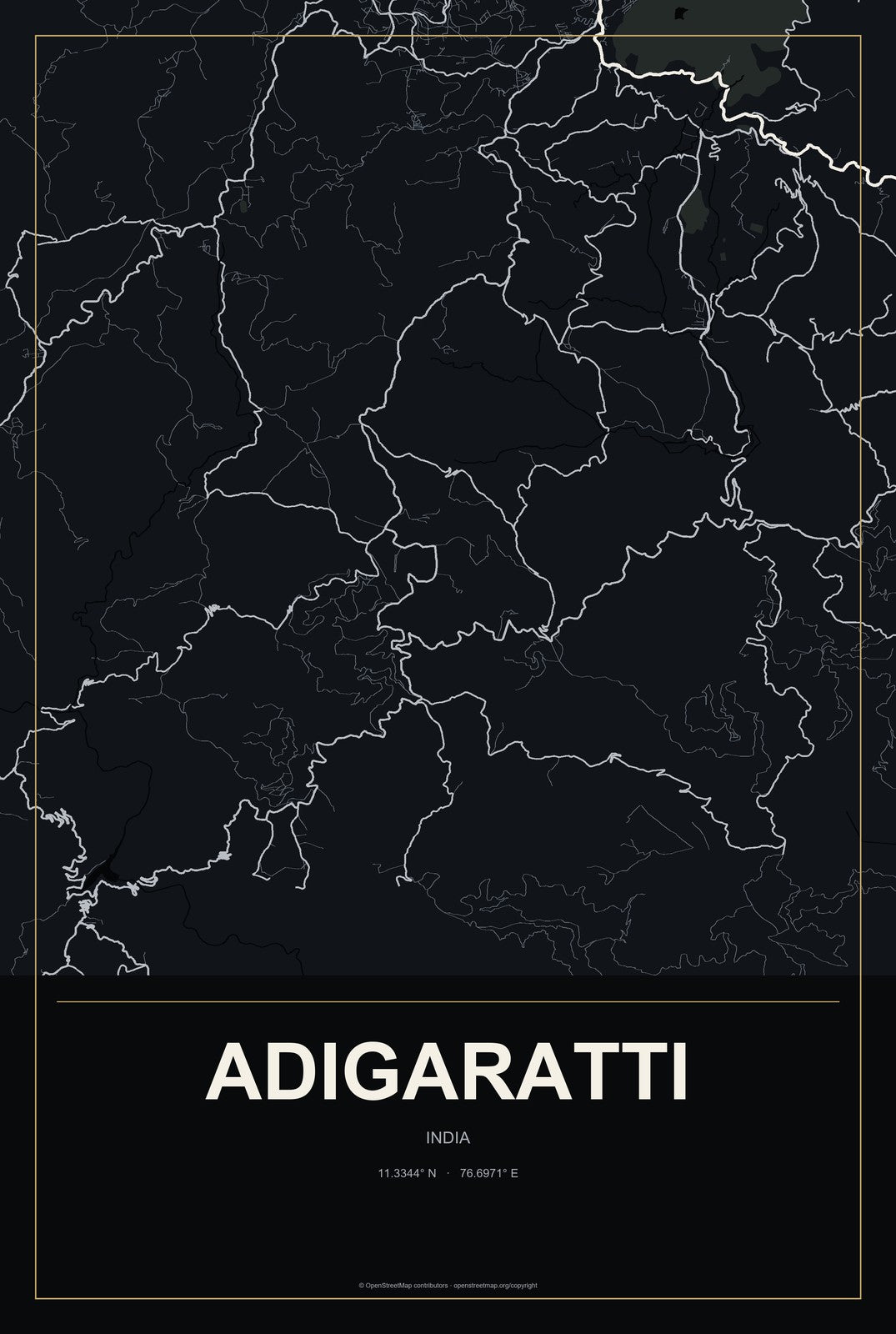 Adigaratti, India City Map Aluminum Sign in Metropolitan Noir style