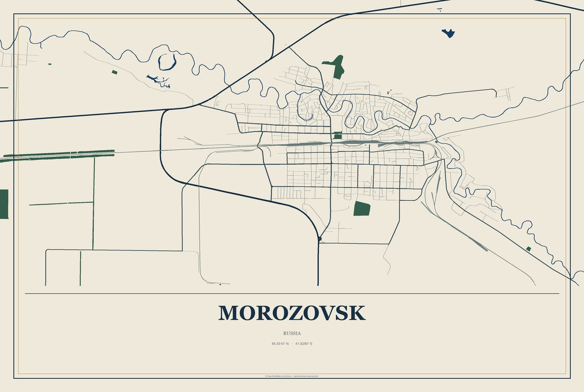 Morozovsk, Russia City Map Aluminum Sign in Coastal Cutout style