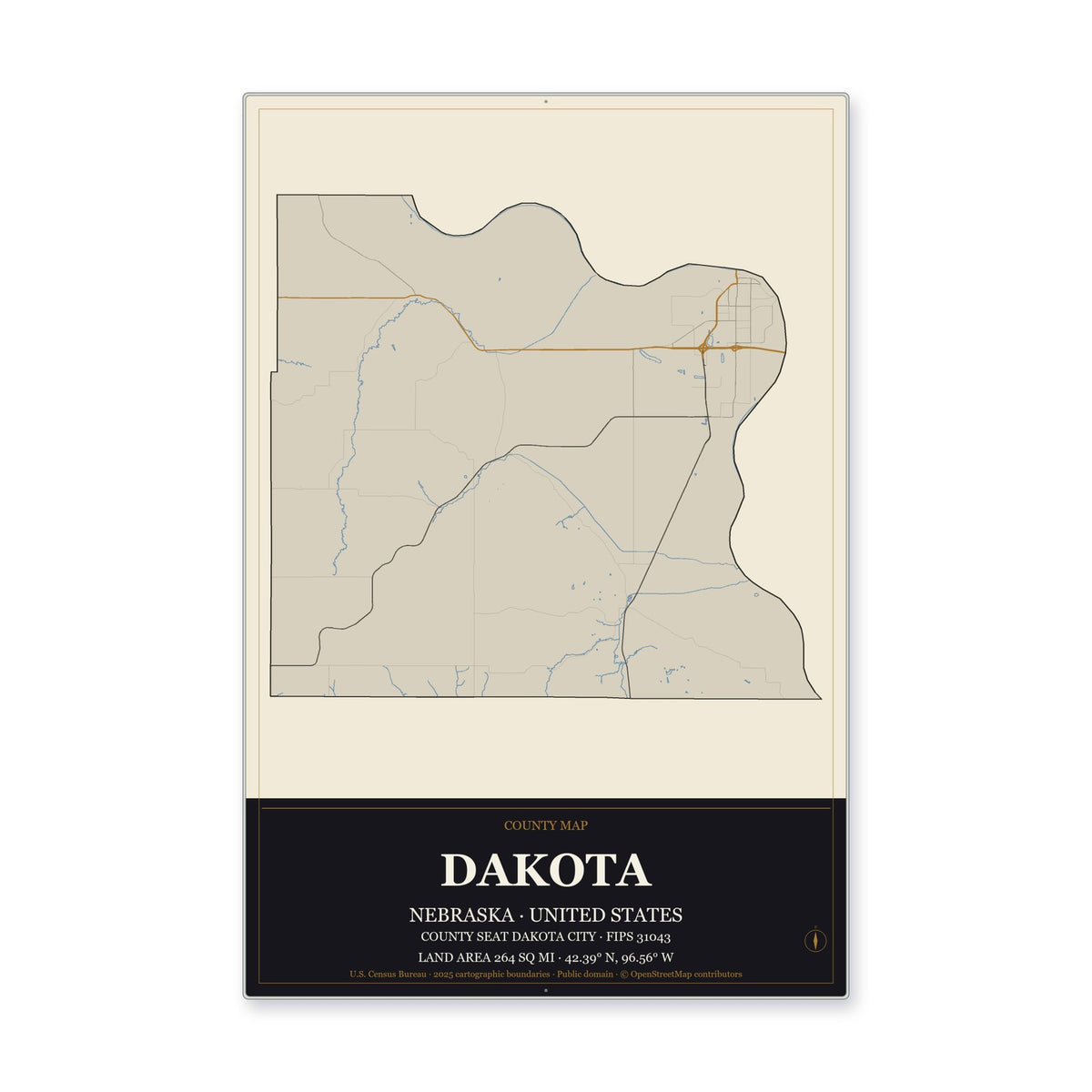 Dakota County, Nebraska Map Aluminum Sign in Museum Plaque style
