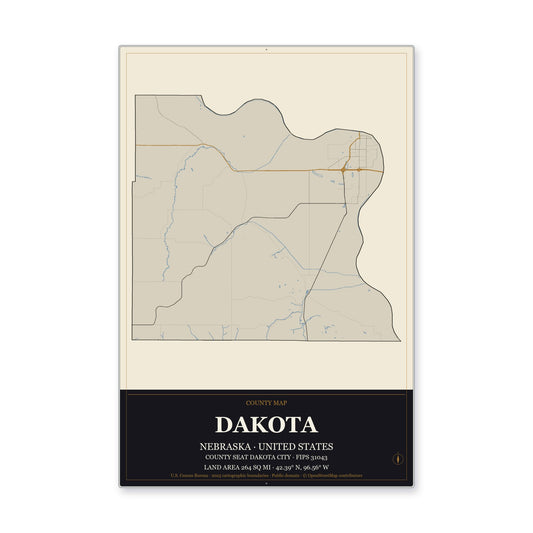 Dakota County, Nebraska Map Aluminum Sign in Museum Plaque style