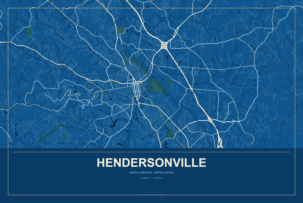 Hendersonville, North Carolina City Map Aluminum Sign in Harbor Cobalt style
