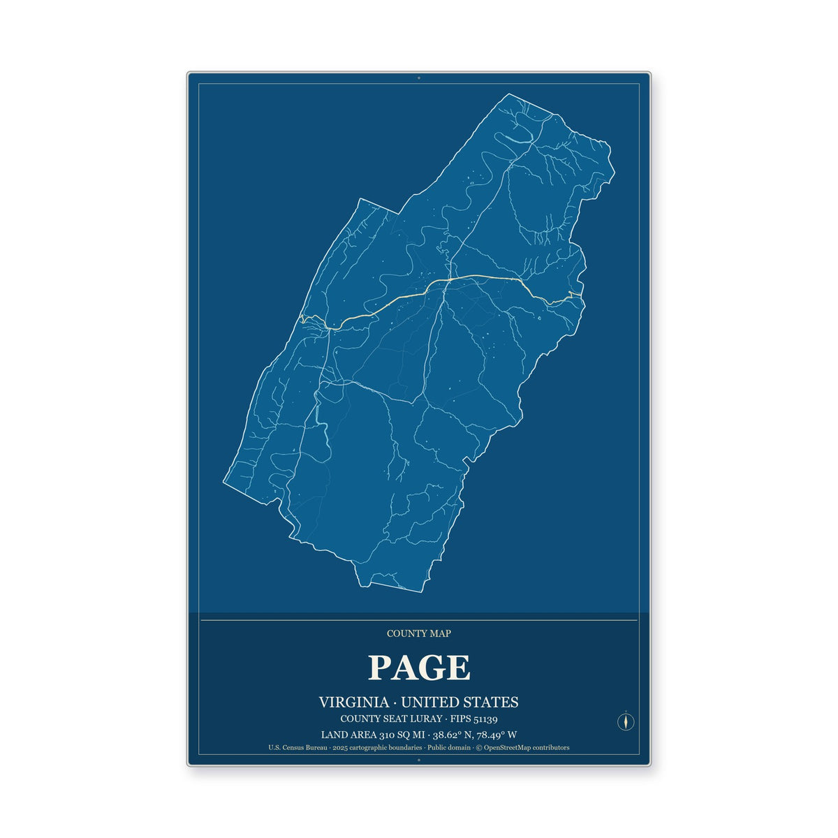 Page County, Virginia Map Aluminum Sign in Harbor Cobalt style