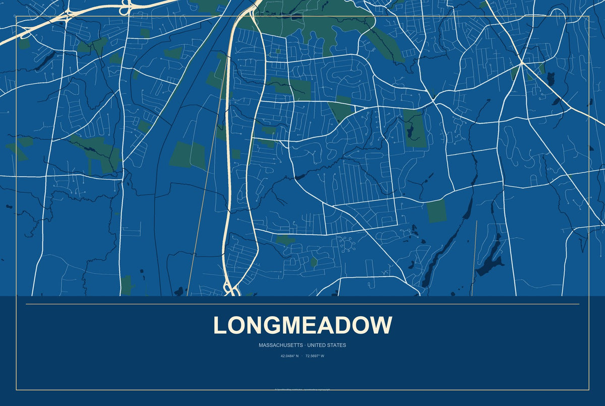 Longmeadow, Massachusetts City Map Aluminum Sign in Harbor Cobalt style