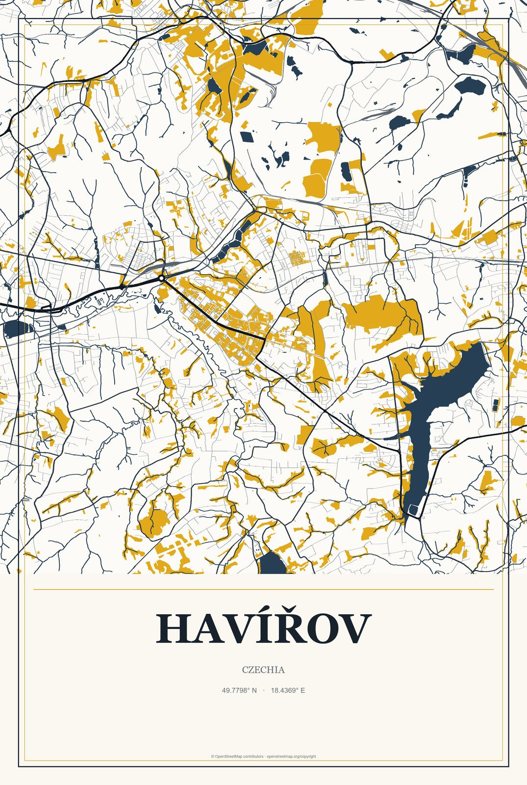 Havířov, Czechia City Map Aluminum Sign in Citrine Modern style