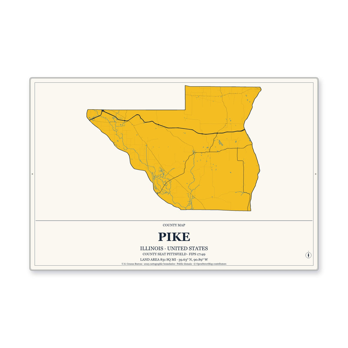 Pike County, Illinois Map Aluminum Sign in Citrine Modern style