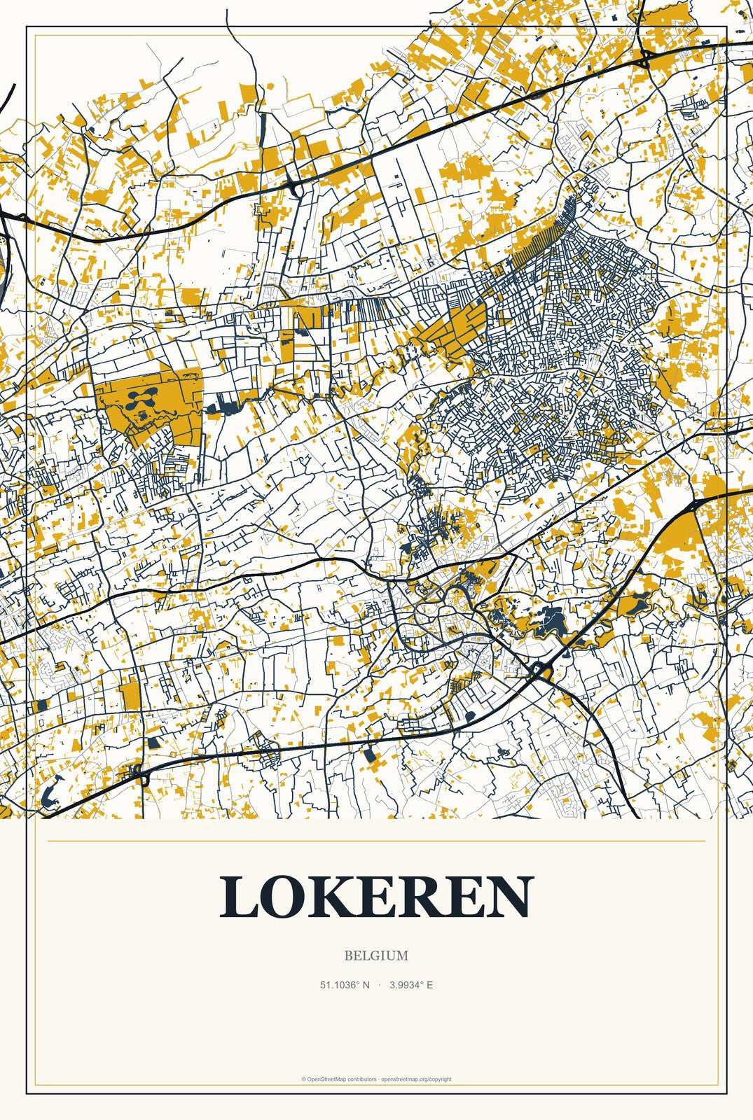Lokeren, Belgium City Map Aluminum Sign in Citrine Modern style