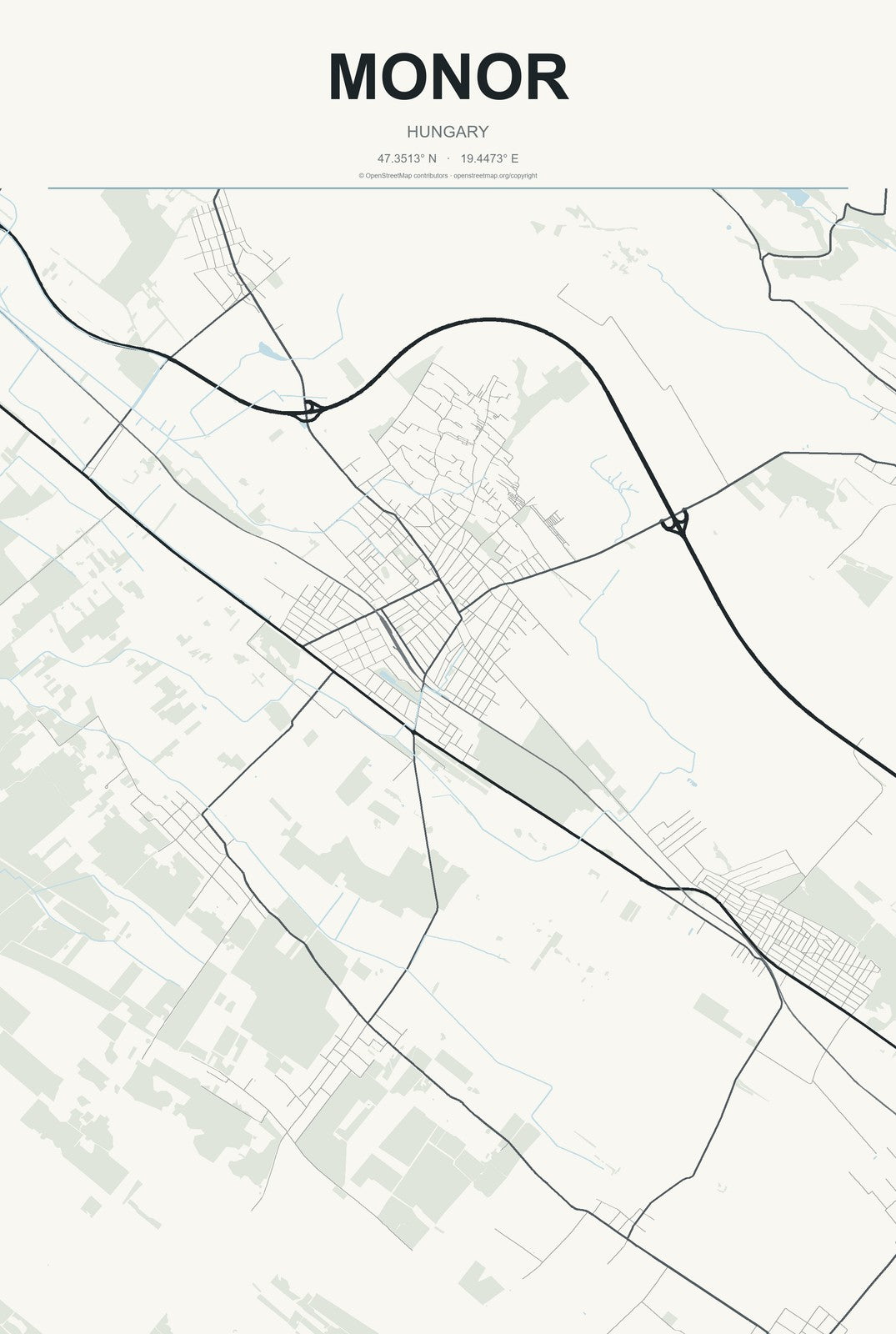 Monor, Hungary City Map Aluminum Sign in Headline Atlas style