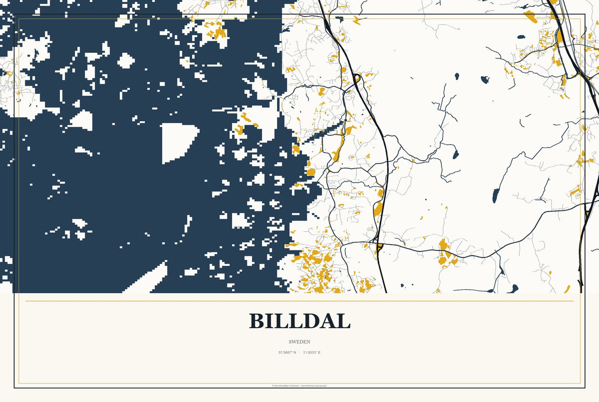 Billdal, Sweden City Map Aluminum Sign in Citrine Modern style