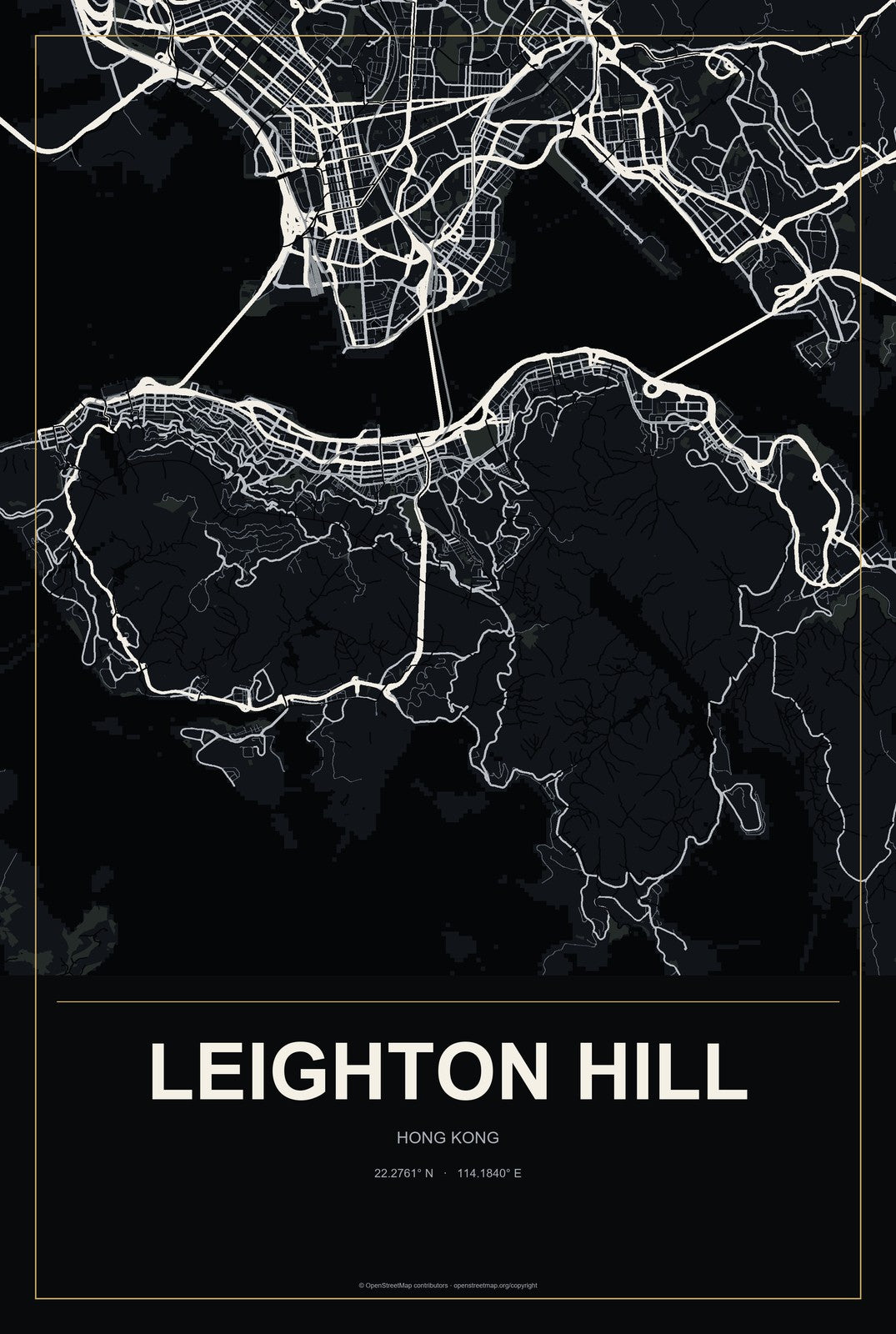 Leighton Hill, Hong Kong City Map Aluminum Sign in Metropolitan Noir style