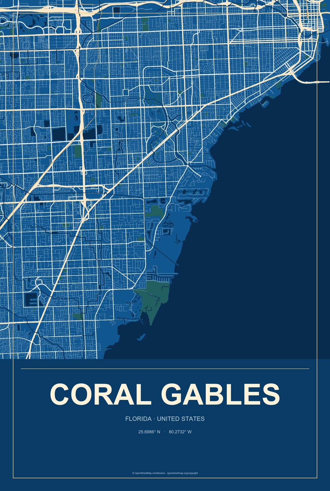 Coral Gables, Florida City Map Aluminum Sign in Harbor Cobalt style