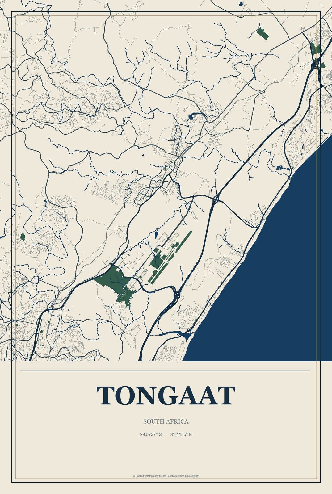 Tongaat, South Africa City Map Aluminum Sign in Coastal Cutout style