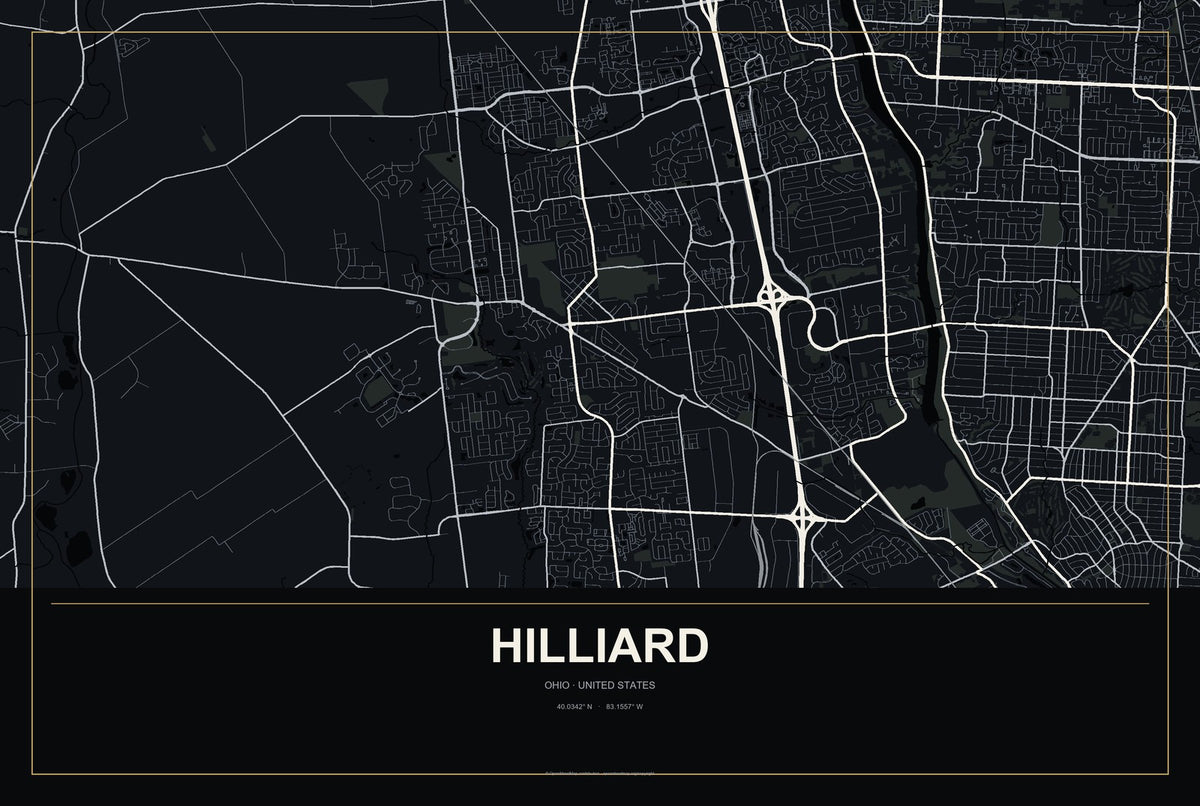 Hilliard, Ohio City Map Aluminum Sign in Metropolitan Noir style