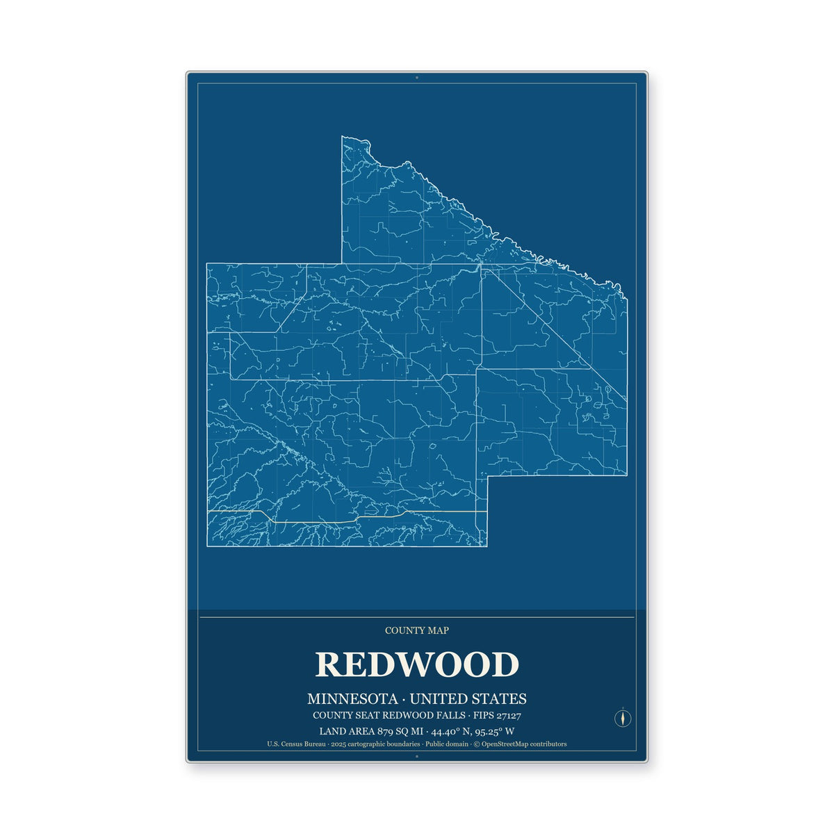Redwood County, Minnesota Map Aluminum Sign in Harbor Cobalt style