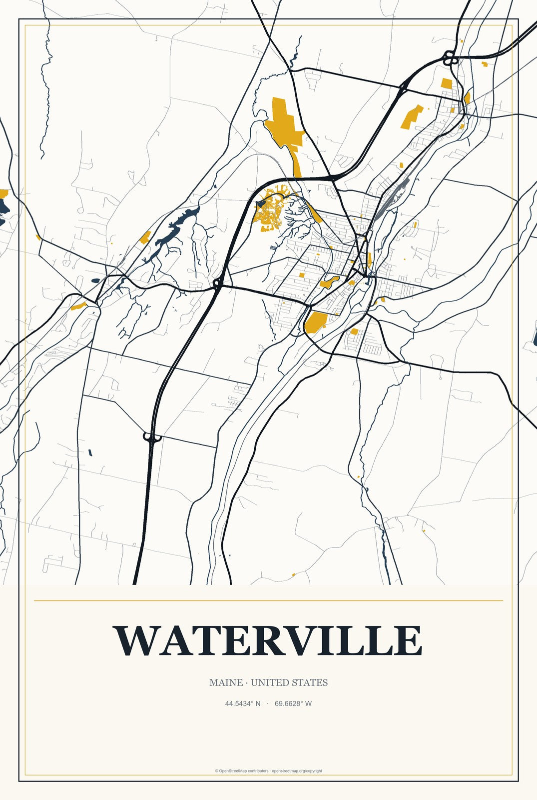 Waterville, Maine City Map Aluminum Sign in Citrine Modern style