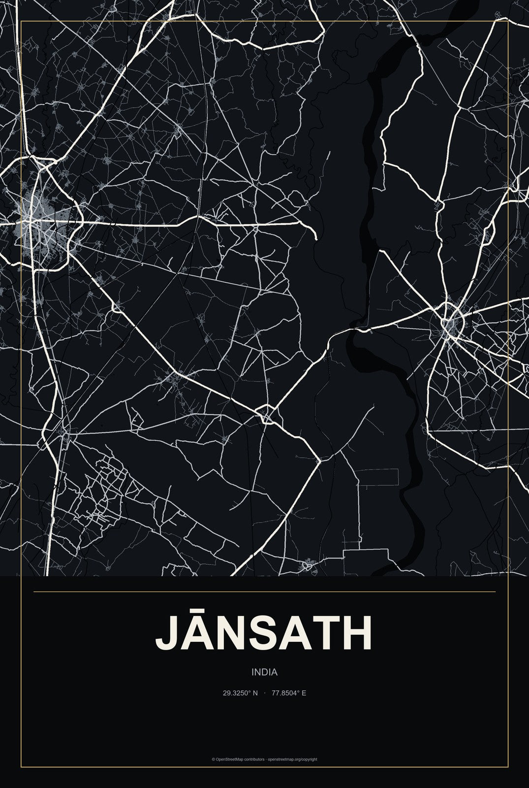 Jānsath, India City Map Aluminum Sign in Metropolitan Noir style