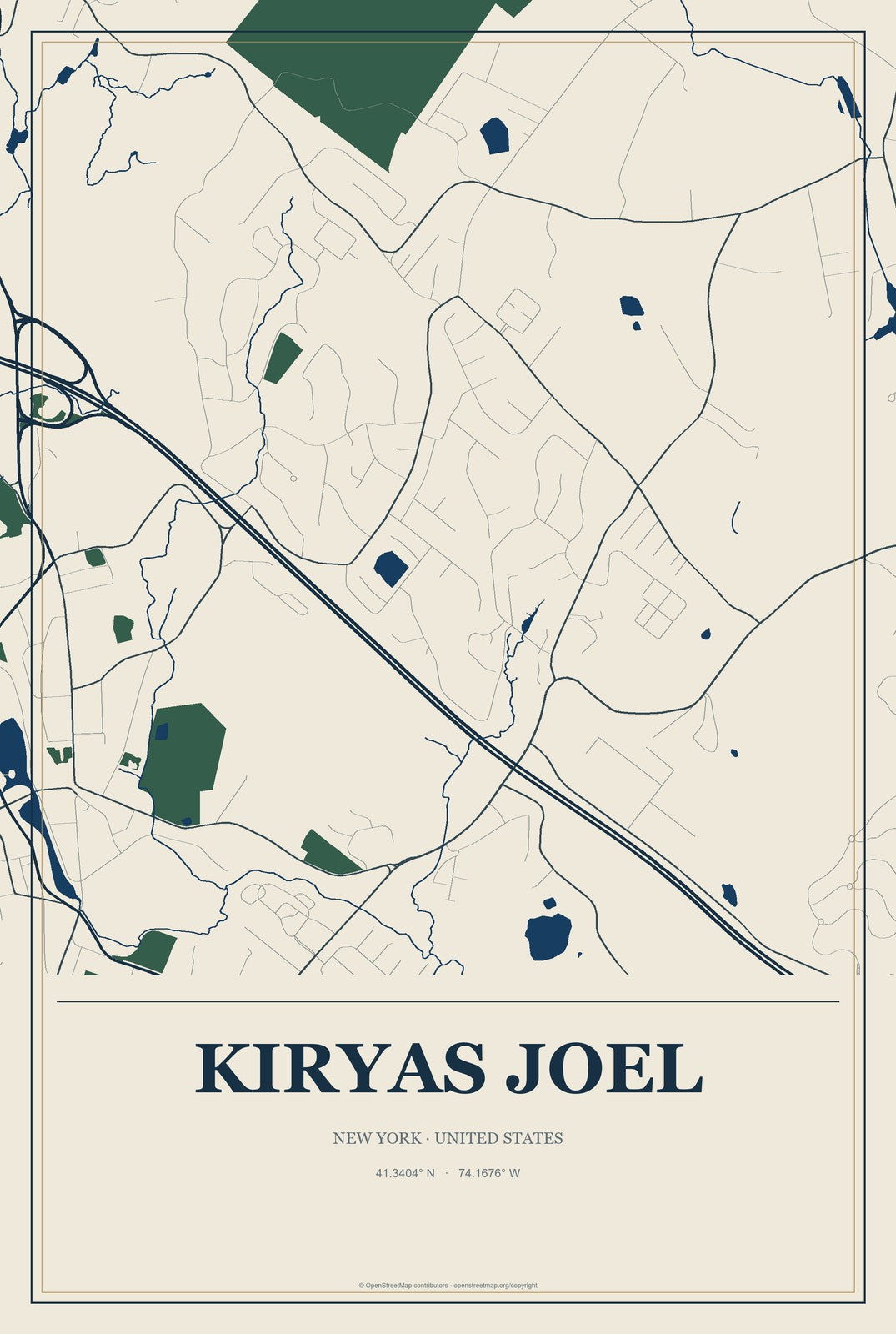Kiryas Joel, New York City Map Aluminum Sign in Coastal Cutout style