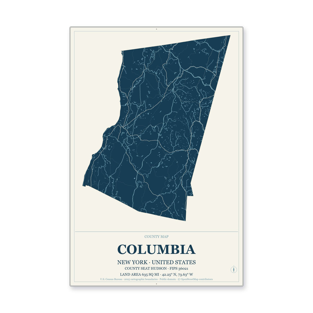 Columbia County, New York Map Aluminum Sign in Coastal Cutout style