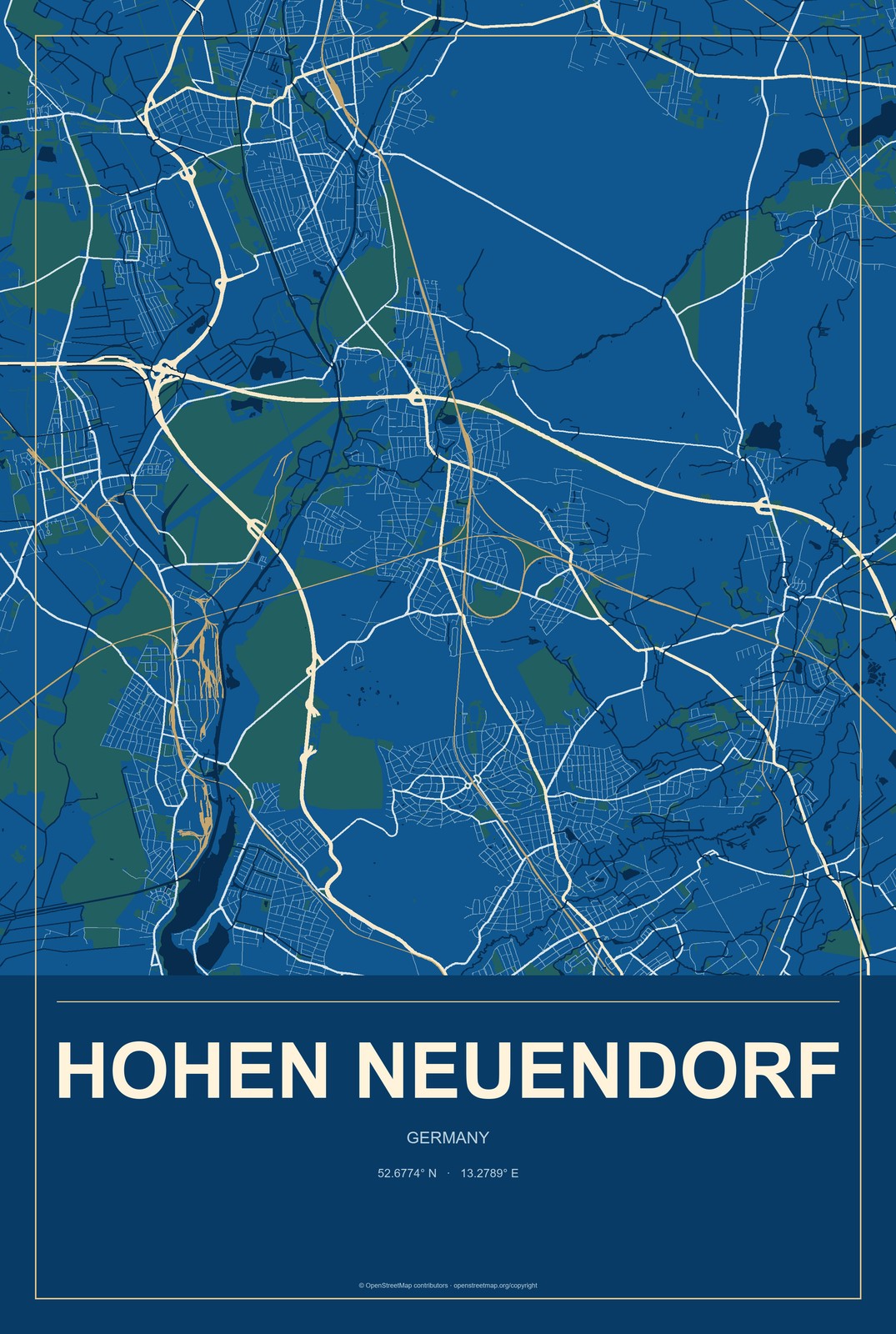 Hohen Neuendorf, Germany City Map Aluminum Sign in Harbor Cobalt style