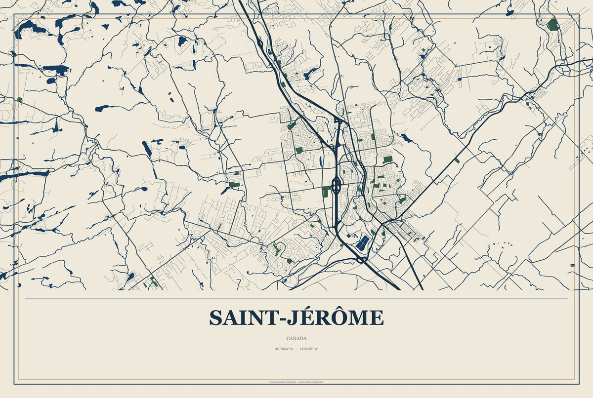 Saint-Jérôme, Canada City Map Aluminum Sign in Coastal Cutout style