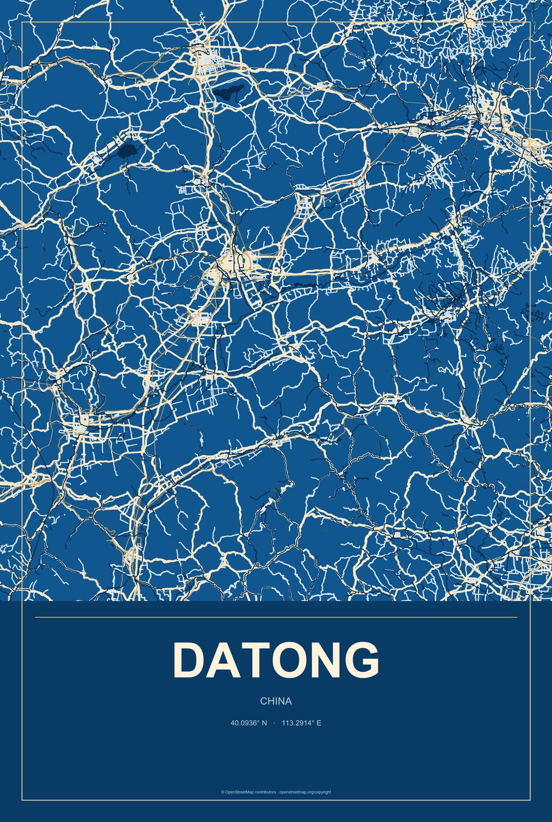 Datong, Anhui, China City Map Aluminum Sign in Harbor Cobalt style