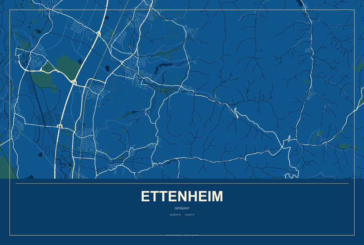 Ettenheim, Germany City Map Aluminum Sign in Harbor Cobalt style