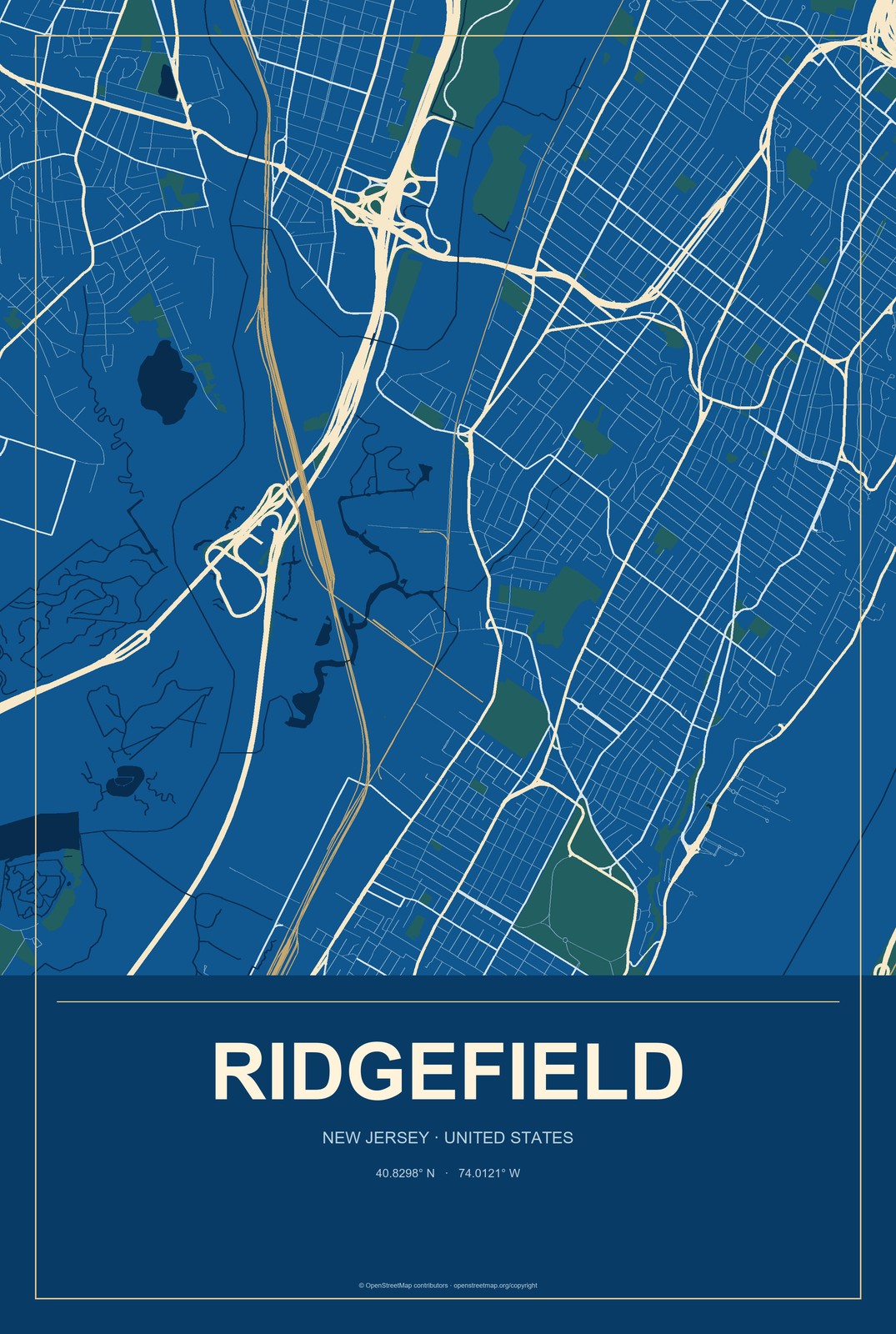 Ridgefield, New Jersey City Map Aluminum Sign in Harbor Cobalt style