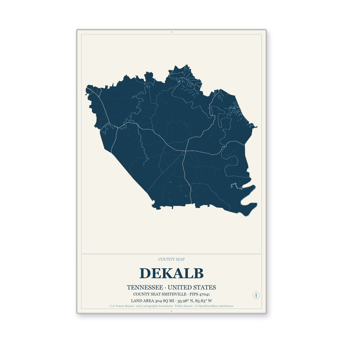 DeKalb County, Tennessee Map Aluminum Sign in Coastal Cutout style