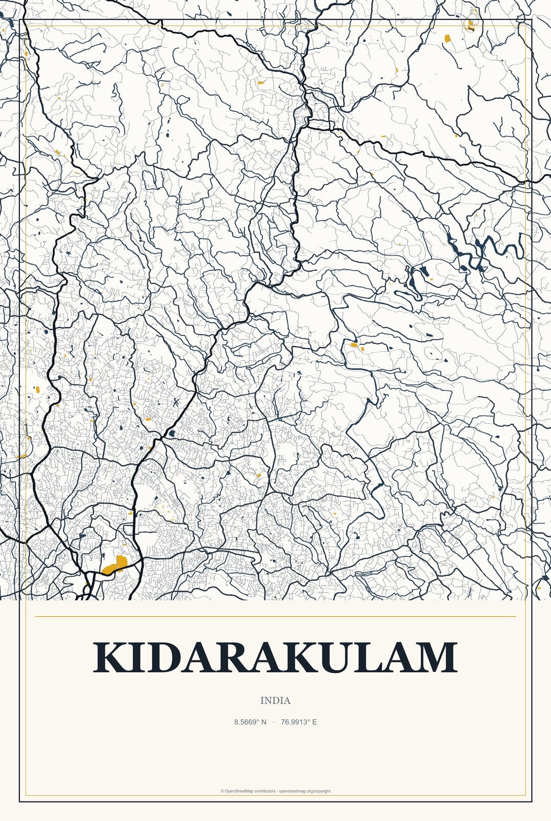 Kidarakulam, India City Map Aluminum Sign in Citrine Modern style
