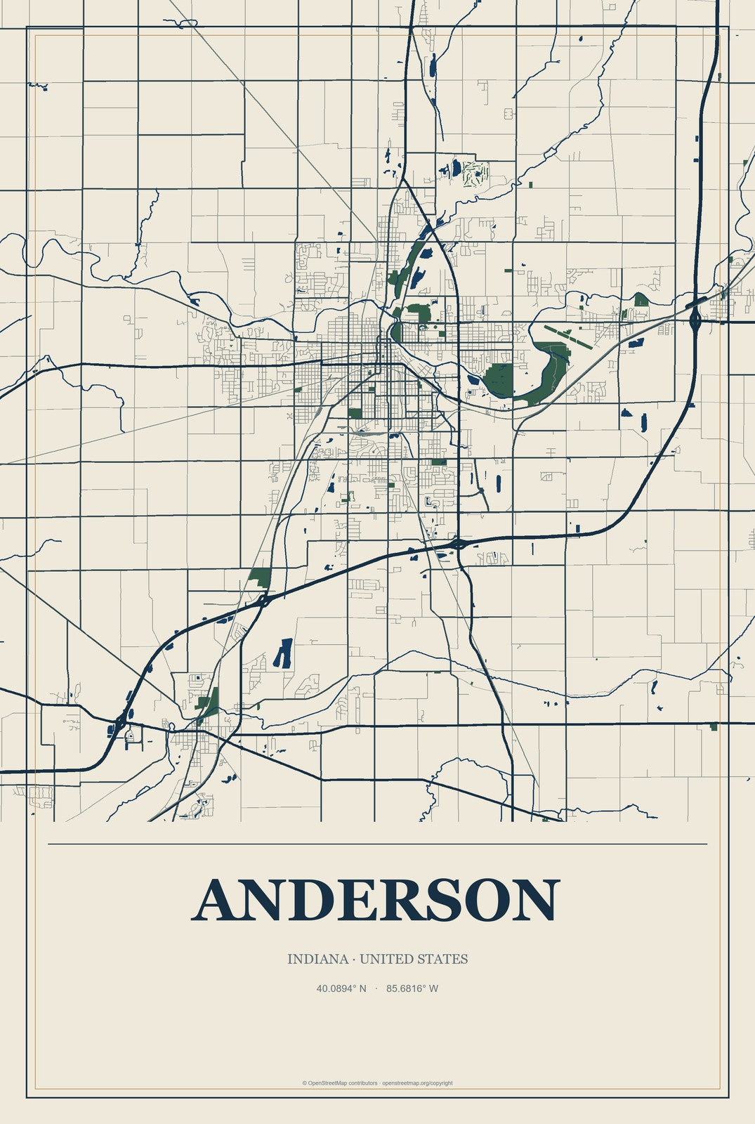 Anderson, Indiana City Map Aluminum Sign in Coastal Cutout style