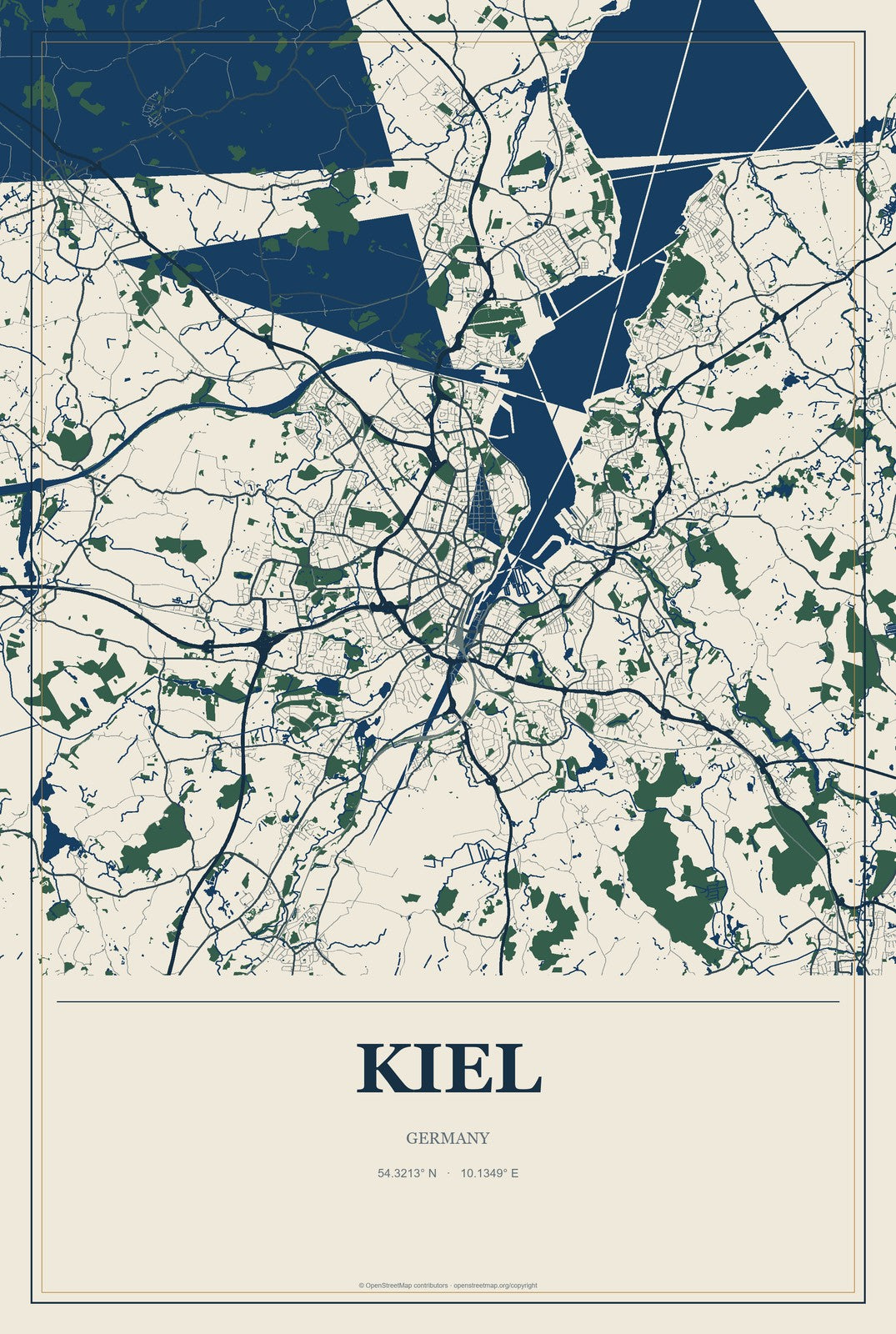 Kiel, Germany City Map Aluminum Sign in Coastal Cutout style