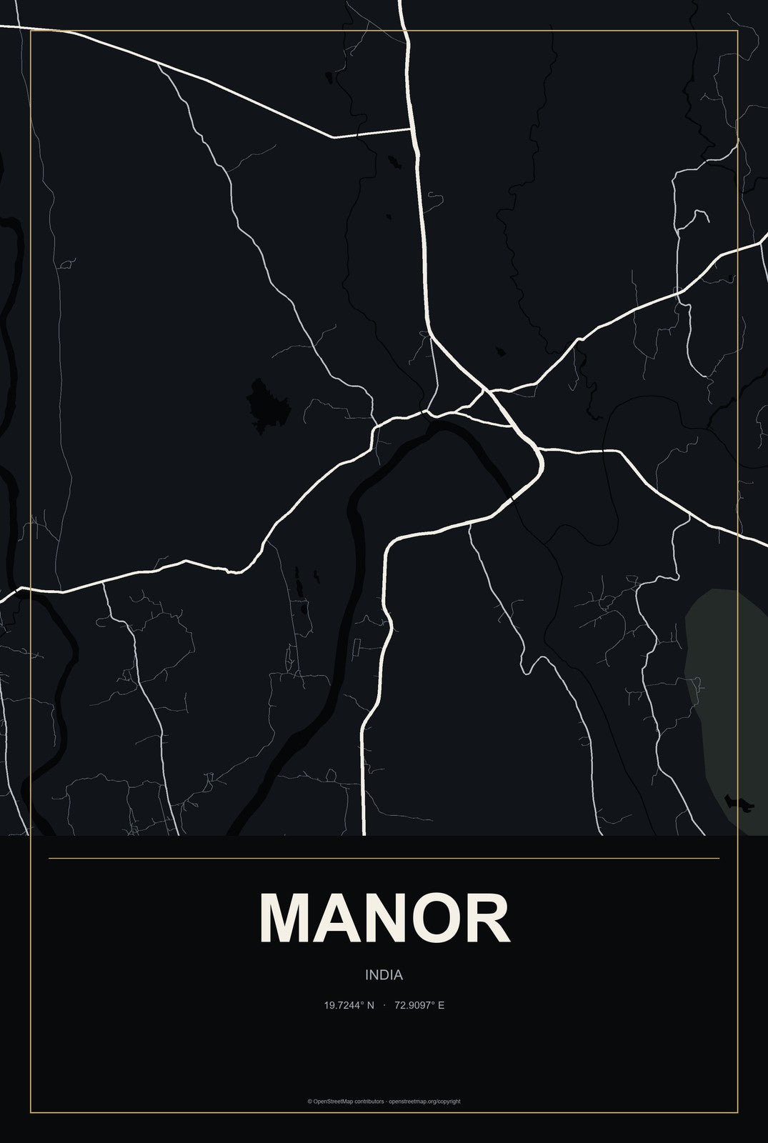 Manor, India City Map Aluminum Sign in Metropolitan Noir style