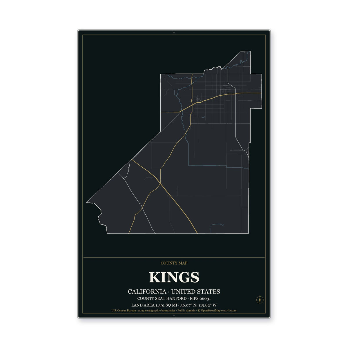 Kings County, California Map Aluminum Sign in Metropolitan Noir style